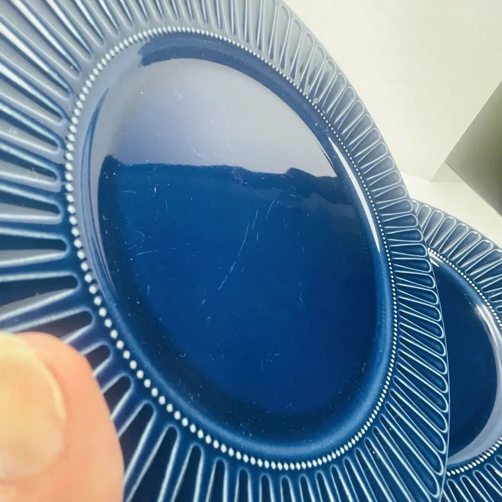 Set of 4 IKEA Strimmig Cobalt Navy Blue Ribbed Rim 10.5” Dinner Plates 12011